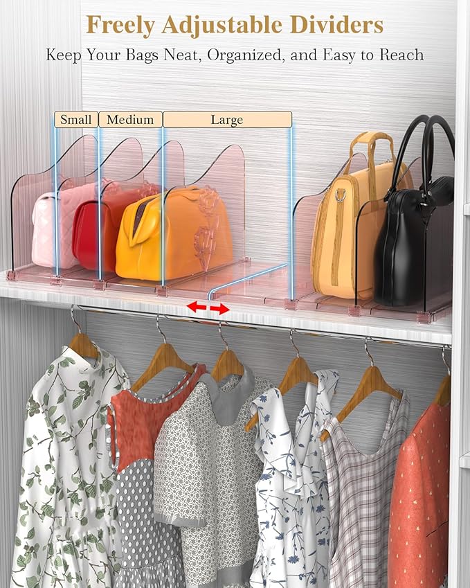Rose Purse Dividers for Closet, 2 Pack Clear Clutch Purse Closet Organizers, Adjustable Handbag Storage Organizers, Plastic Bookshelf Separator Dividers for Bedroom Office