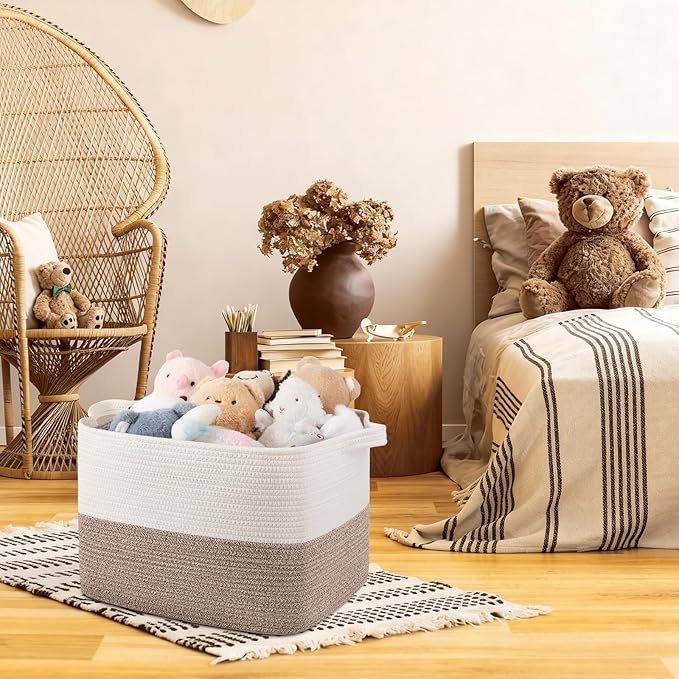 OIAHOMY Woven Storage Basket for Shelves, Rectangle Cotton Rope Baskets for Organizing, 16.5 x 13 x 10 in, Storage Bins for Dog Toys,Towel,Books,Gift,Brown and White