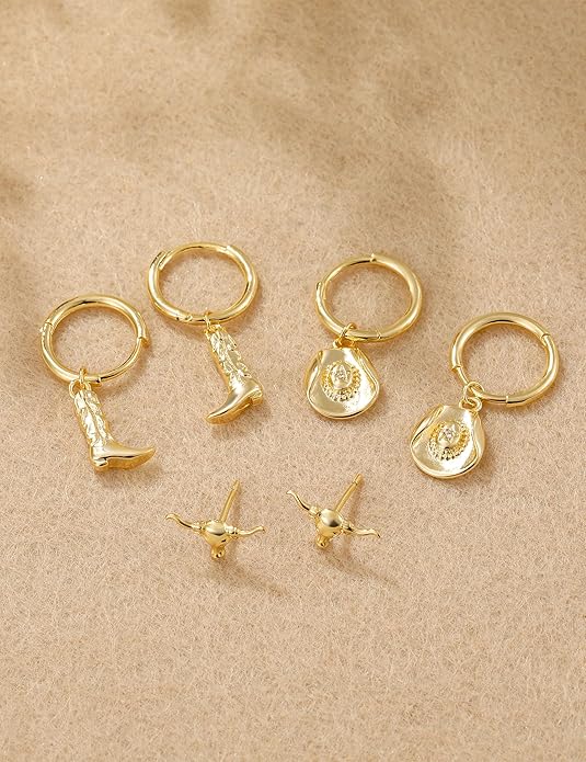 Mameloly Cowgirl Earrings for Women CZ 14K Gold Plated Western Cowboy Hat Dangle Hoop Earrings Cute Jewelry Hypoallergenic