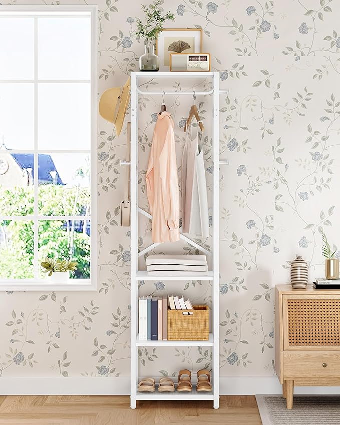 Coat Rack with Shelves, Freestanding Hall Tree, Coat Tree with 16 Hooks and Hanging Rail, Industrial Clothes Stand for Entryway, Hallway, Bedroom, White TYM18WB
