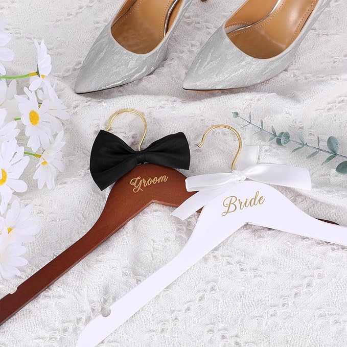 2 Pcs Bride and Groom Hangers Bride Hanger Wedding Dress Hanger Wedding Hangers with Bow Tie for Tuxedo Suit Bridal Shower Gifts