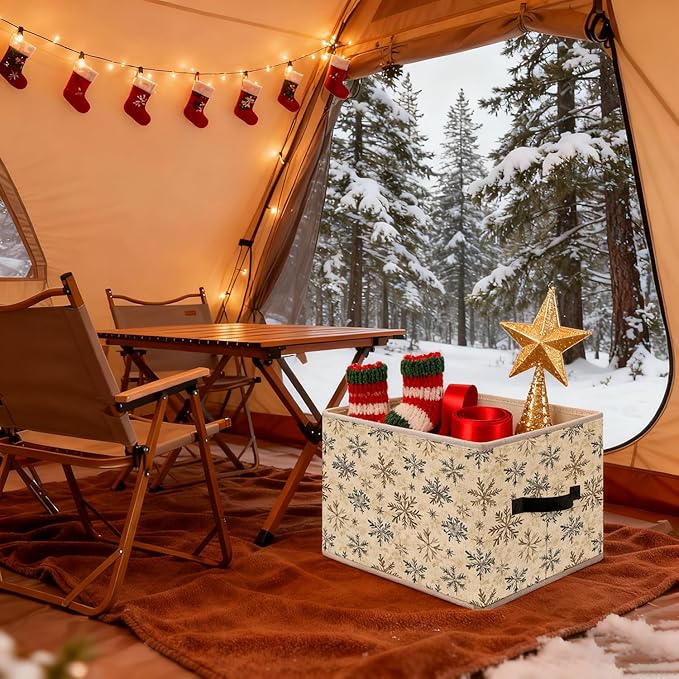Vintage Winter Snowflake Neutral Christmas Storage Bins, Rustic Holiday Winter Christmas Foldable Closet Organizers Storage Basket Toybox for Clothes Bed Sheets Blankets Toys