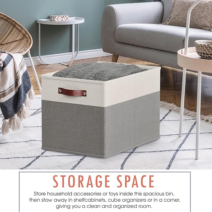 Ornavo Home 13 x 15 x 13 Kallax Storage Cube Bins, Foldable Collapsible Fabric Storage Bins Box Linen Shelf Basket Cube Organizer for Closet with Leather Handles, 6 Pack, White/Gray
