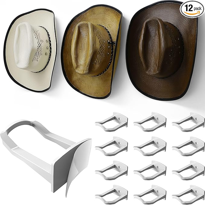 Modern JP Adhesive Cowboy Hat Hooks for Wall (12-Pack) – 3-Inch Wall Mount for Secure Hold, Wide Brim Hat Organizer, Western Room Decor – White