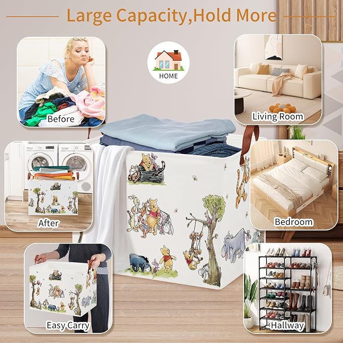 Cute Bear Nursery Storage Basket With Hard Bottom,Classic Bear Decorative Storage Hamper With Waterproof PE Coating,Large Square Canvas Cotton Laundry Bin for Baby Stuff,Diaper Bag