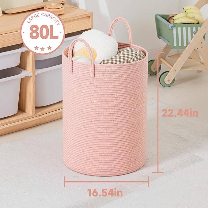 CLHMILY&Z Laundry Hamper Round Storage Rope Basket in Living Room, Bedroom, Laundry Room for Toy, Clothes, Blanket, Pillow (Pink, 80L)