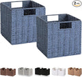 Vagusicc Wicker Basket, Set of 2 Hand-Woven Paper Rope Storage Baskets for Organizing, Foldable Cubby Storage Bins, 9 Inch Small Wicker Storage Basket, Square Baskets Cube Storage Organizer Bins, Blue