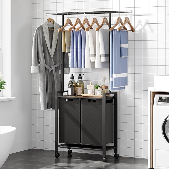Large Laundry Hamper With Hanging Clothes Rack –2-Section Rolling Laundry Basket With Removable Pull-Out Sorting Bags, Wheeled Organizer for Laundry Room, Bathroom & Bedroom（2 Hampers, black）