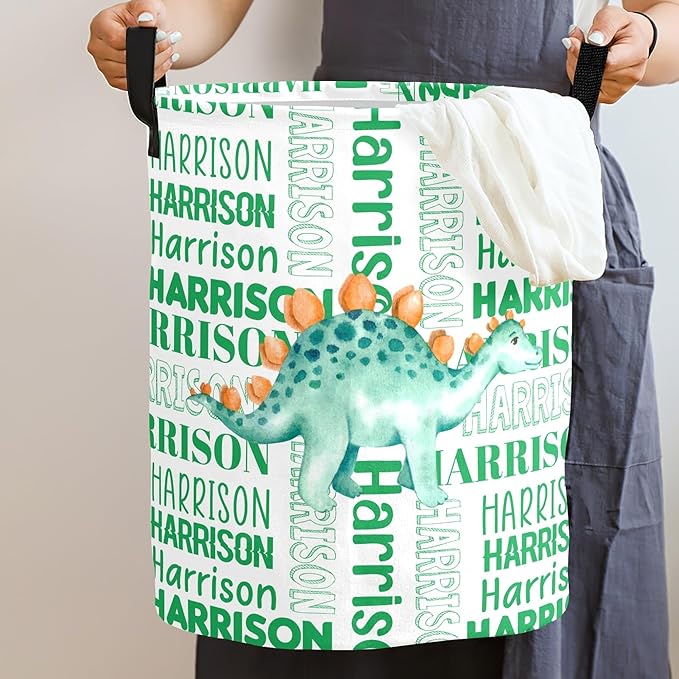 Large Custom Name Laundry Hamper, Dinosaur Personalized Dirty Clothes Hamper Storage Basket with Name for Bathroom Bedrooms, Customized Name Circular Hamper with Handles for Baby Boys Girls Men Women