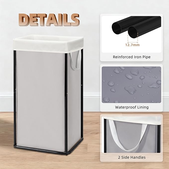 STORAGE MANIAC Large Laundry Hamper, 23.7 Gal. Metal Laundry Basket with Removable Bag for Easy Carry, Strong Dirty Clothes Hamper for Bedroom, Bathroom, Dorm, College, 90L Grey