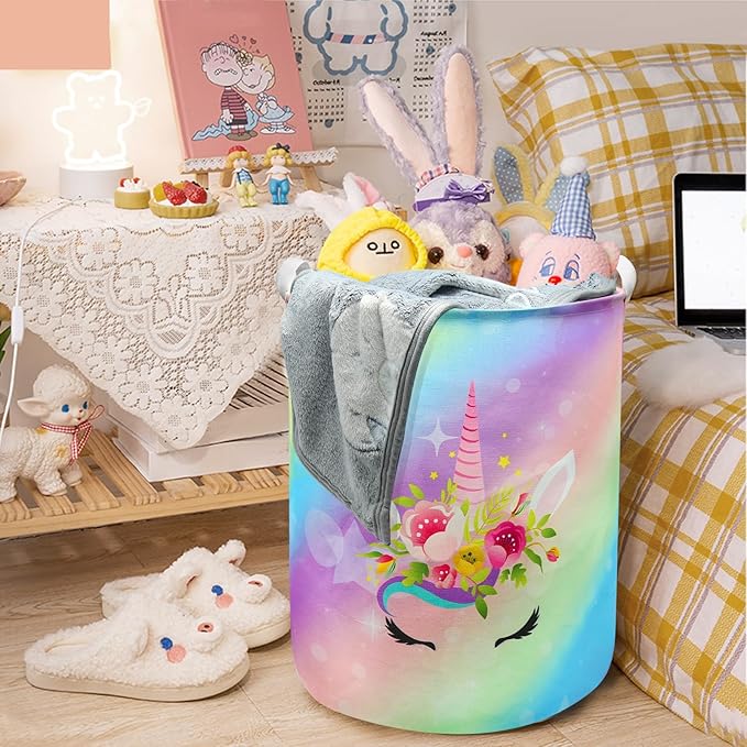 Unicorn Laundry Basket Hamper Large Sized Round Storage Basket Waterproof Bin Collapsible Laundry Basket for Room Organizer, Bedroom Nursery Playroom Clothes (62.8L)