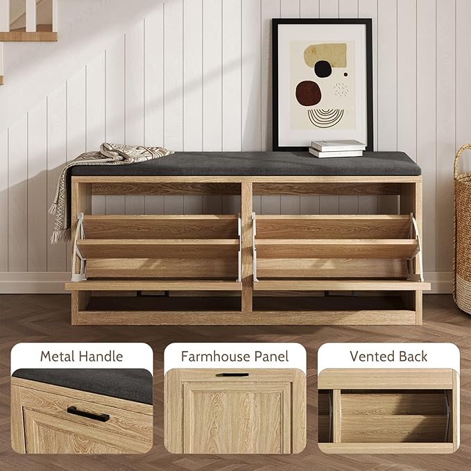 Shoe Storage Bench with Cushioned Seat, 2-Tier Entryway Bench with 2 Flip Drawers & Adjustable Shelves, 39.4" Shoe Rack Bench for Entryway, Living Room, Hallway (Natural)