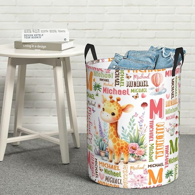 Personalized Giraffe Laundry Basket For Baby Kids Boys Girls Adult Custom Hamper Basket With Name For Bathroom Bedrooms Collapsible Baby, Dirty Clothes Hamper With Handles