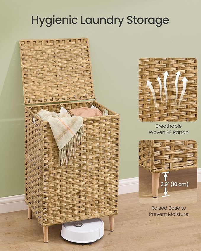 SONGMICS Laundry Hamper with Lid, 29 Gal. (110 L) PE Rattan Laundry Basket with Lid and Handles, Natural Material,Removable Machine Washable Liner, Goose Yellow ULCB222YE01