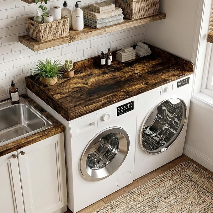 Washer Dryer Countertop, 27.5 x 54 Inch Washer and Dryer Countertop for Laundry Room Organization with Edge Wooden, Brown