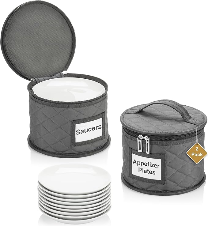 2 Pack 6" Small Plate Storage Case - China Storage Container - Stackable With Padded Interior to Store Dinnerware Dishes - 24 Felt Dividers Included - Gray - Great for Saucers and Small Bowls
