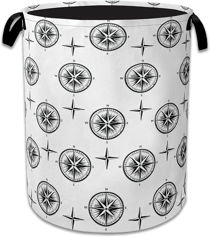 Black Compass Laundry Basket Collapsible Laundry Hamper Clothes Toy Storage Bin for Bathroom Bedroom Room Decor 16" X 20.8"