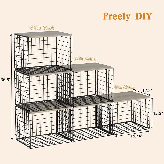 Extra-Long Closet Organizers and Storage with Top Board, 3 Pack Stackable Closet Shelf Organizer, Double Storage Design Clothes Storage Cube/Bin Organizer for Wardrobe,Space-Saving, Black,Sturdy,Metal