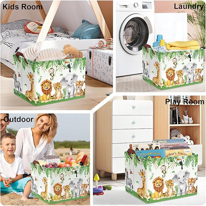 Jungle Animals Laundry Hamper Large Storage Basket Cartoon Wild Zoo Collapsible Parents Organizer Kids Toy Clothes Bins for Bedroom, Bathroom, Lion, 36L