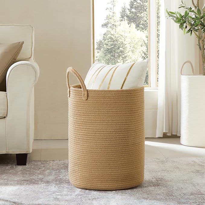 60L Jute Woven Hamper Laundry Basket Wicker Rope Clothes Hamper for Baby Nursery Kids Tall Rattan Blanket Basket in Living Room Bedroom 15Dx20H inches
