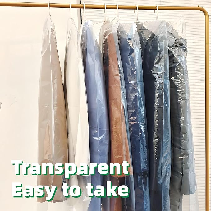 12 Pack Clear Plastic Garment Bags for Hanging Clothes, Dry Cleaning Bags 60x150 cm, Dust-Proof Clothing Protector Covers for Home Storage Travel Dry Cleaner