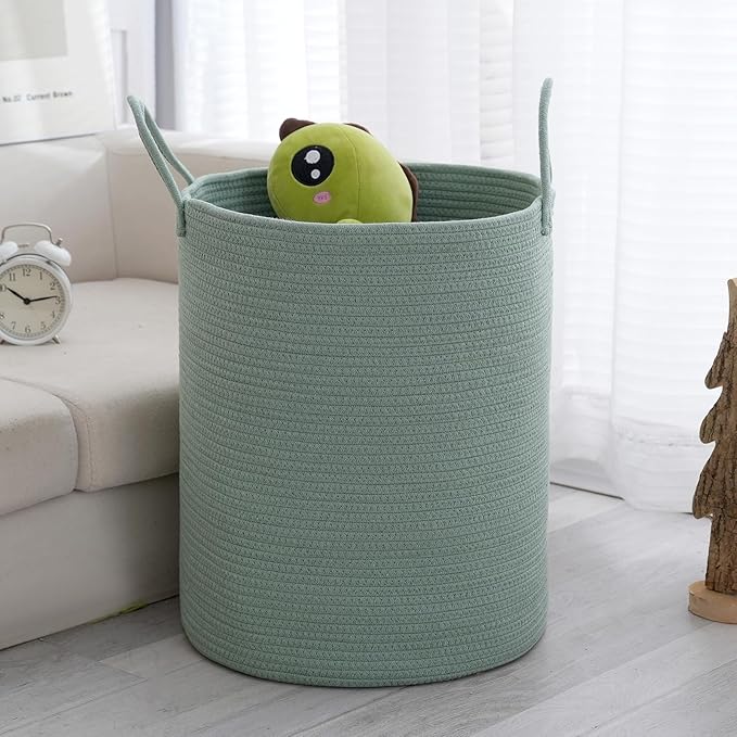 Woven Basket Nursery Laundry Hamper with Handles, Clothes Storage Organizer, Woven Basket for Boy Room Decor, Toy & Blanket Storage Bin, 15x15x18 Inch,Green,1pc