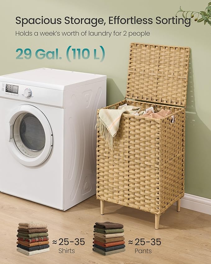 SONGMICS Laundry Hamper with Lid, 29 Gal. (110 L) PE Rattan Laundry Basket with Lid and Handles, Natural Material,Removable Machine Washable Liner, Goose Yellow ULCB222YE01