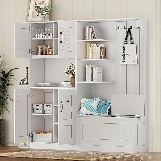 66" H Hall Tree with 4 Hooks, Open Shelving and Flip Hidden Shelf, Multifunctional Left-Right Combination Coat Rack (can be Used Separately), Entryway Bench for Living Room, Hallway