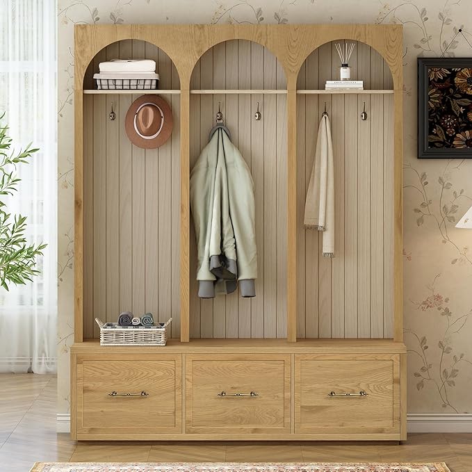 Merax Farmhouse Wood Hall Tree with Shoe Bench and 3 Drawers, 4-in-1 Coat Rack with 8 Hooks for Entrance, Hallway, Mudroom Natural