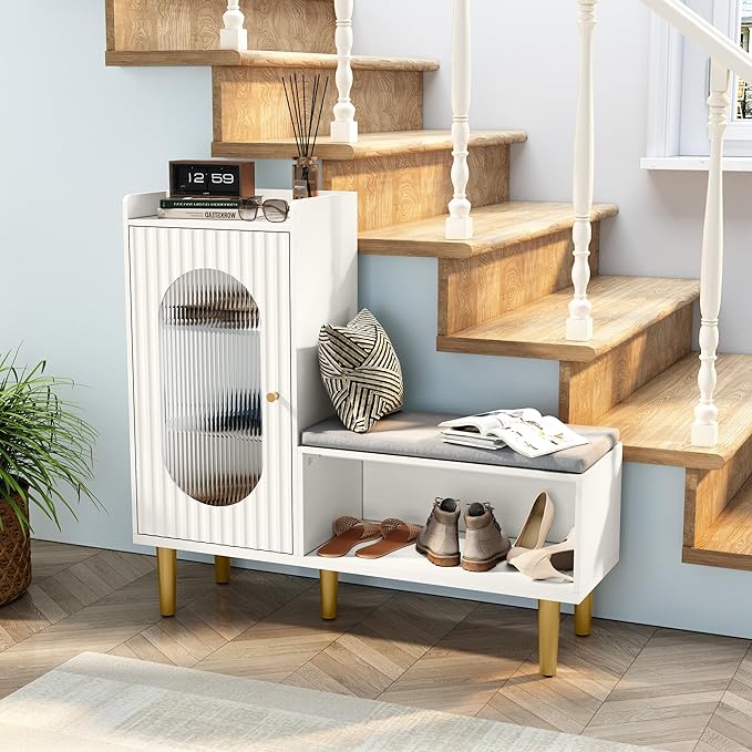 HLR Storage Bench with Glass Door&Shelf, Modern Entryway Shoe Cabinet Bench with Padded Seat, L-Shaped Storage Cabinet for Hallway, Bedroom, Living Room, Office, White