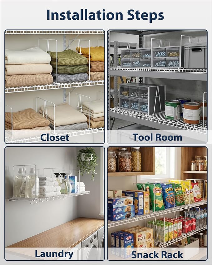 10 Pack Wire Shelf Dividers for Closet, Solid Coated Metal Closet Dividers for Closet Organization, Easy Install Closet Shelf Divider for 12'' Tall x 12'' Deep Wire Shelves and Storage, White