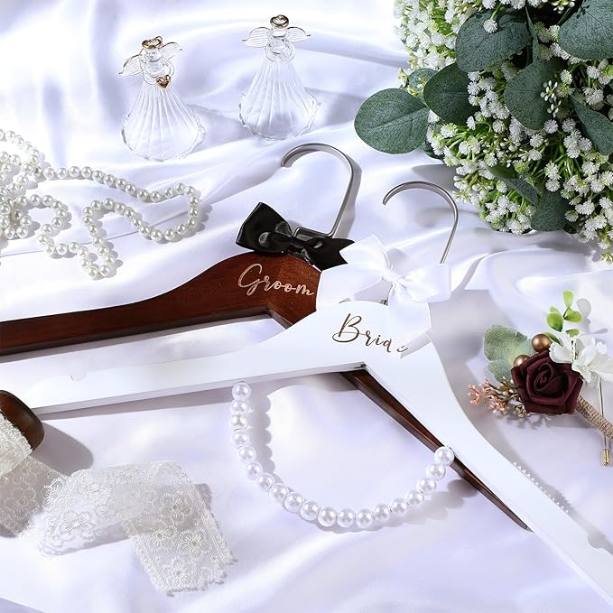 2 Pcs Bride Hanger for Wedding Dress Bride and Groom Wooden Wedding Dress Hanger Set with Bow Tie for Tuxedo Suit Gift Bridal Party Shower