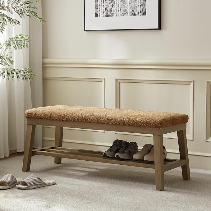 VKNOW Entryway Bench, 44.4" Upholstered Storage Shoe Bench for Entryway & Bedroom, Shoe Rack Bench with Rubberwood Legs, Modern End of Bed Bench for Living Room and Hallway, Orange
