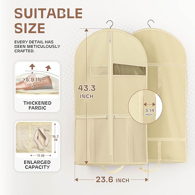 43" Travel Garment Bag with Accessories Zipper Pocket, Heavy Duty Suit Bag for Suits, Tuxedos, Dresses, Coats, Beige, 1 pack