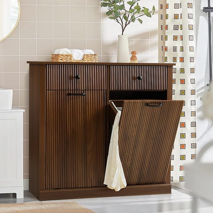 Grepatio Double Laundry Hamper, Fluted Tilt Out Laundry Hamper Cabinet, 22 Gallon Hidden Trash Can, Wooden Garbage Can Cabinet with 2 Drawer, Free Standing for Bathroom, Kitchen (Brown, Double)
