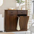 Grepatio Double Laundry Hamper, Fluted Tilt Out Laundry Hamper Cabinet, 22 Gallon Hidden Trash Can, Wooden Garbage Can Cabinet with 2 Drawer, Free Standing for Bathroom, Kitchen (Brown, Double)