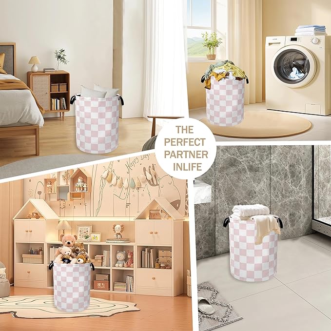 Pink White Checkered Laundry Hamper,Modern Girls Collapsible Laundry Baskets,Waterproof Oxford Cloth Laundry Room Organization for Bedroom,Bathroom,Nursery,16x20 Inch