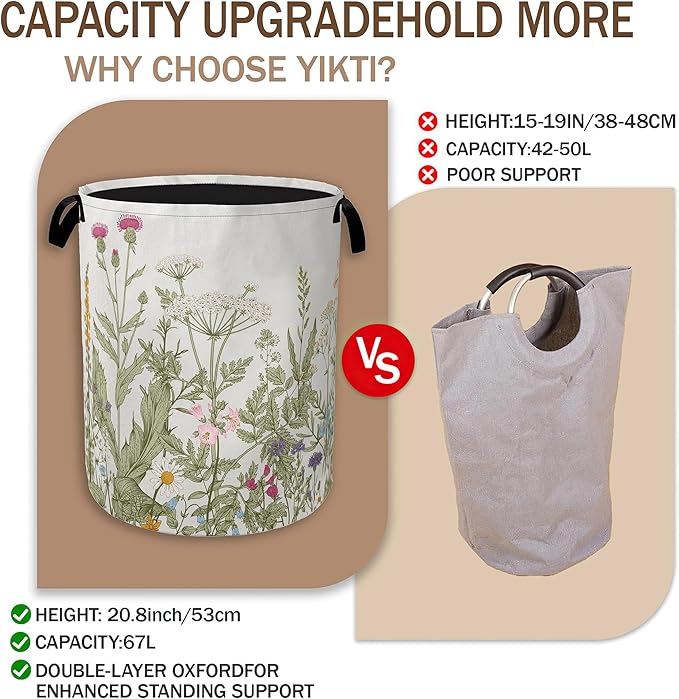 Laundry Hamper,Rustic Wild Flowers Laundry Basket,Spring Floral Portable Collapsible Laundry Room Organization Storage for Dorm Room,Nursery,Bathroom,Bedroom,16x20 Inch