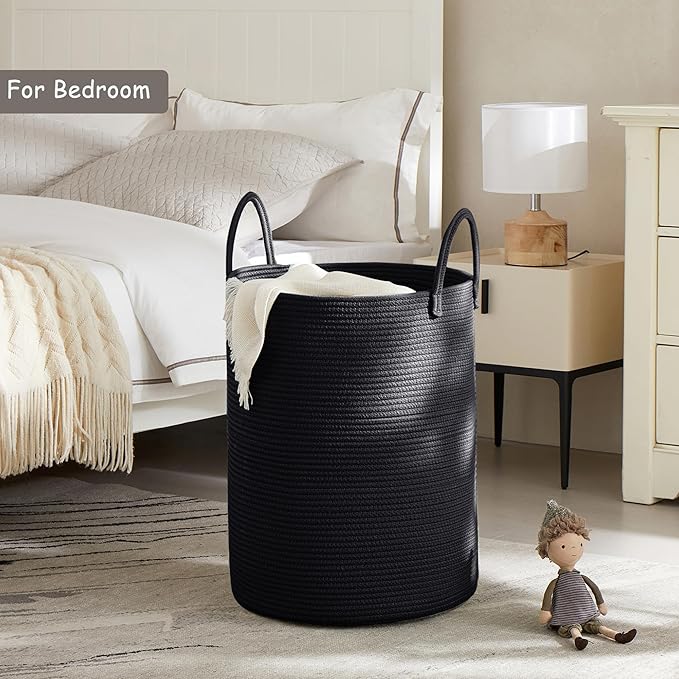60L Black Woven Rope Hamper Laundry Basket for Clothes Tall Modern Blanket Storage Basket in Living Room Bedroom 15Dx20H inches
