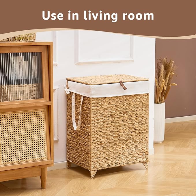 Handwoven Laundry Hamper with Lid, Natural Hyacinth Heightened Feet Laundry Basket, Wicker Clothes Hamper with Removable Liner Bag (Natural-A, 90L)