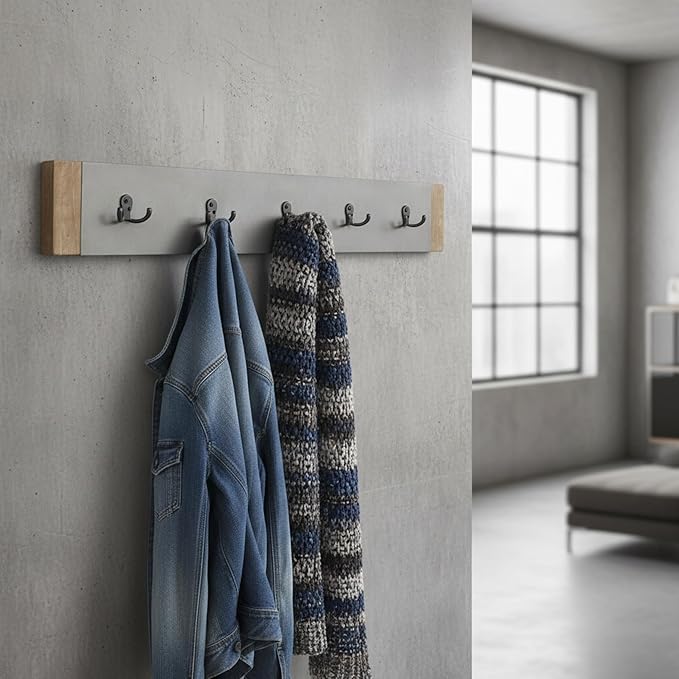 Alaterre Furniture Newport Entryway Collection – 40" Modern Industrial Wall Mounted Coat Rack with 5 Sturdy Hooks, Faux Concrete Panel and Light Amber Wood Trim for Entryway or Mudroom (Gray)