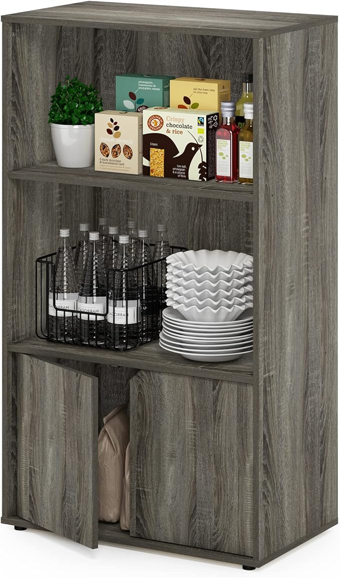 Furinno Jaya Pantry Organizers, 3-Tier Kitchen Cabinet, Coffee Bar, Kitchen Storage with Open Shelves and Closed Cabinet, for Pantry Organizers and Storage, Grey Oak