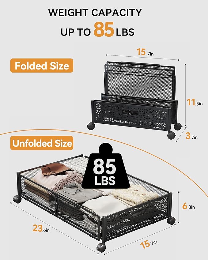 Under Bed Storage with Wheels, Foldable Pattern Carved Metal Under The Bed Storage, Tool-Free Assembly Under Bed Organizer, 60L Underbed Storage for Bedroom Clothes Blankets Shoes Toys-4 Pack