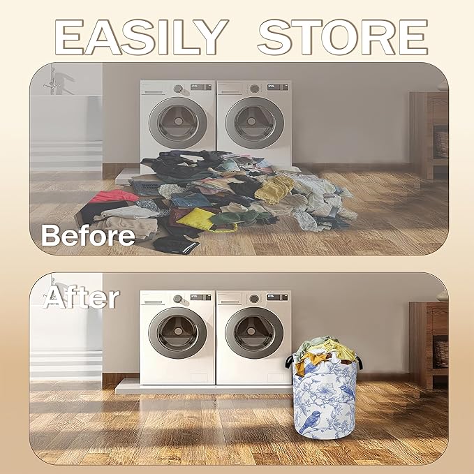 Collapsible Laundry Basket,Blue Birds Dirty Clothes Hamper,Spring Flower Hampers for Bedroom Waterproof Oxford Cloth Storage Organizer for Bathroom,Nursery,Dorm,16x20 Inch