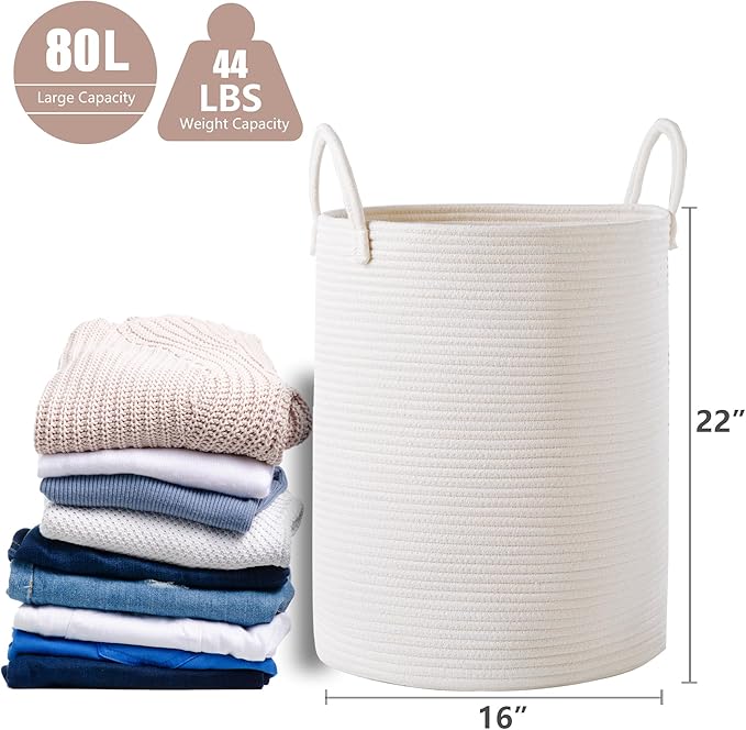 80L White Woven Hamper Laundry Basket Cotton Rope Blanket Basket for Living Room 22 inches Tall Clothes Hamper for Baby Nursery Kids in Bedroom Extra Large