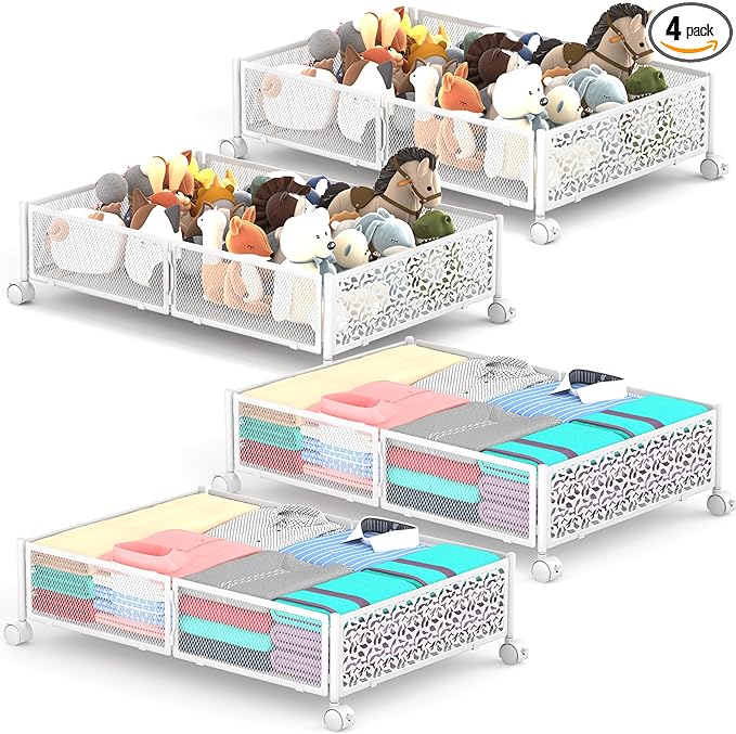 Under Bed Storage With Wheels, 4 Pack Foldable Pattern Carved Metal Under Bed Storage Containers, 60L Rolling Underbed Storage, Easy Assembly Under The Bed Storage for Shoes, Blankets...