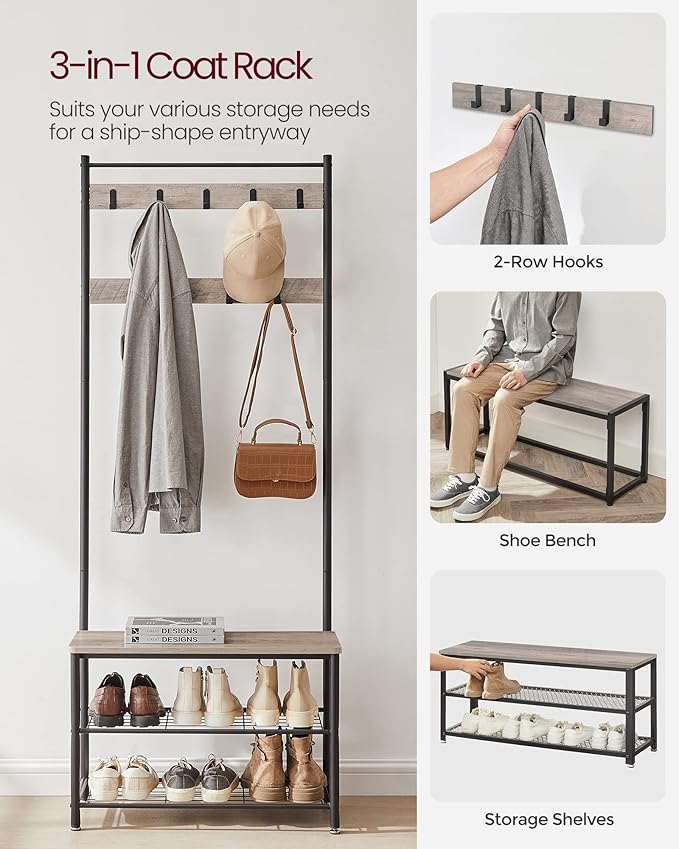 VASAGLE Coat Rack, Hall Tree with Shoe Storage Bench, Entryway Bench with Shoe Storage, 3-in-1, Steel Frame, for Entryway, 12.6 x 27.6 x 68.9 Inches, Industrial, Greige and Black UHSR41MB