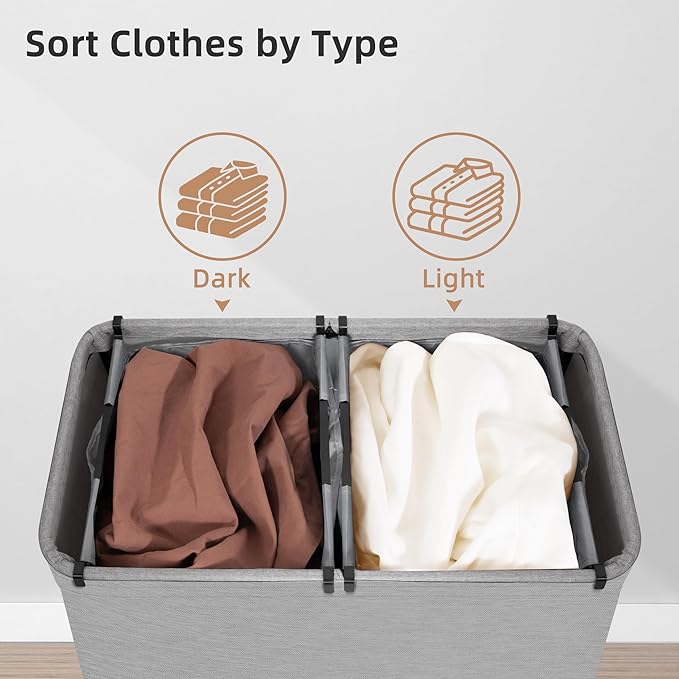 STORAGE MANIAC Double Laundry Hamper, 136L Laundry Sorter with Lid and Removable Bags, Clothes Hamper, Large 2 Section Clothes Basket with Handles for Small Space, Dorm, Closet, Bathroom, Gray