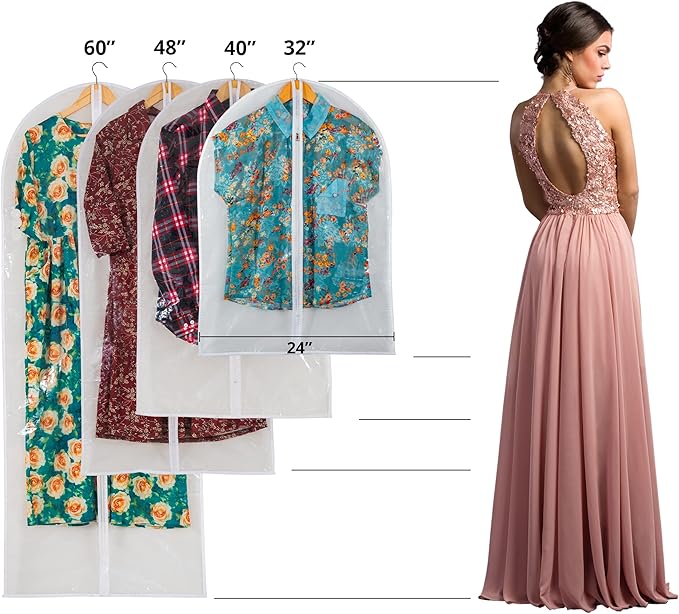 Clear Garment Bags for Long Gowns, Vinyl Dress Storage Bags, Zippered Plastic Protector for Dresses, 24"x60", 12 Pack
