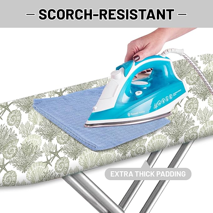 Extra Thick Ironing Board Cover and Pad, Coastal Summer Beach Coral Starfish 15x54 Ironing Board Cover, Resist Scorching and Staining,Elastic Edges,Seaside Conch Nautical Green White